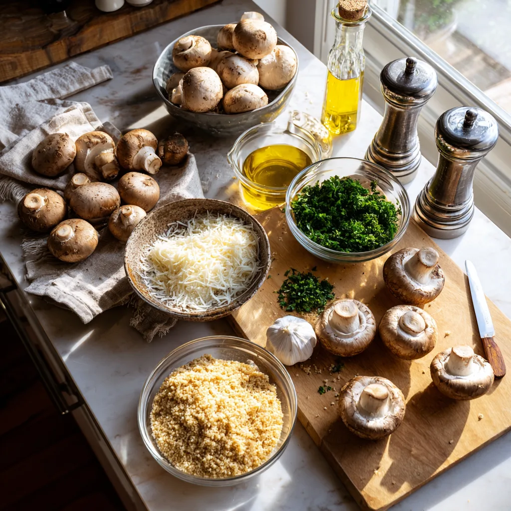 Italian Stuffed Mushrooms with Garlic & Parmesan – Tasty Christmas Appetizers for Your Party 2 Fresh ingredients for Italian stuffed mushrooms with garlic and Parmesan on kitchen counter