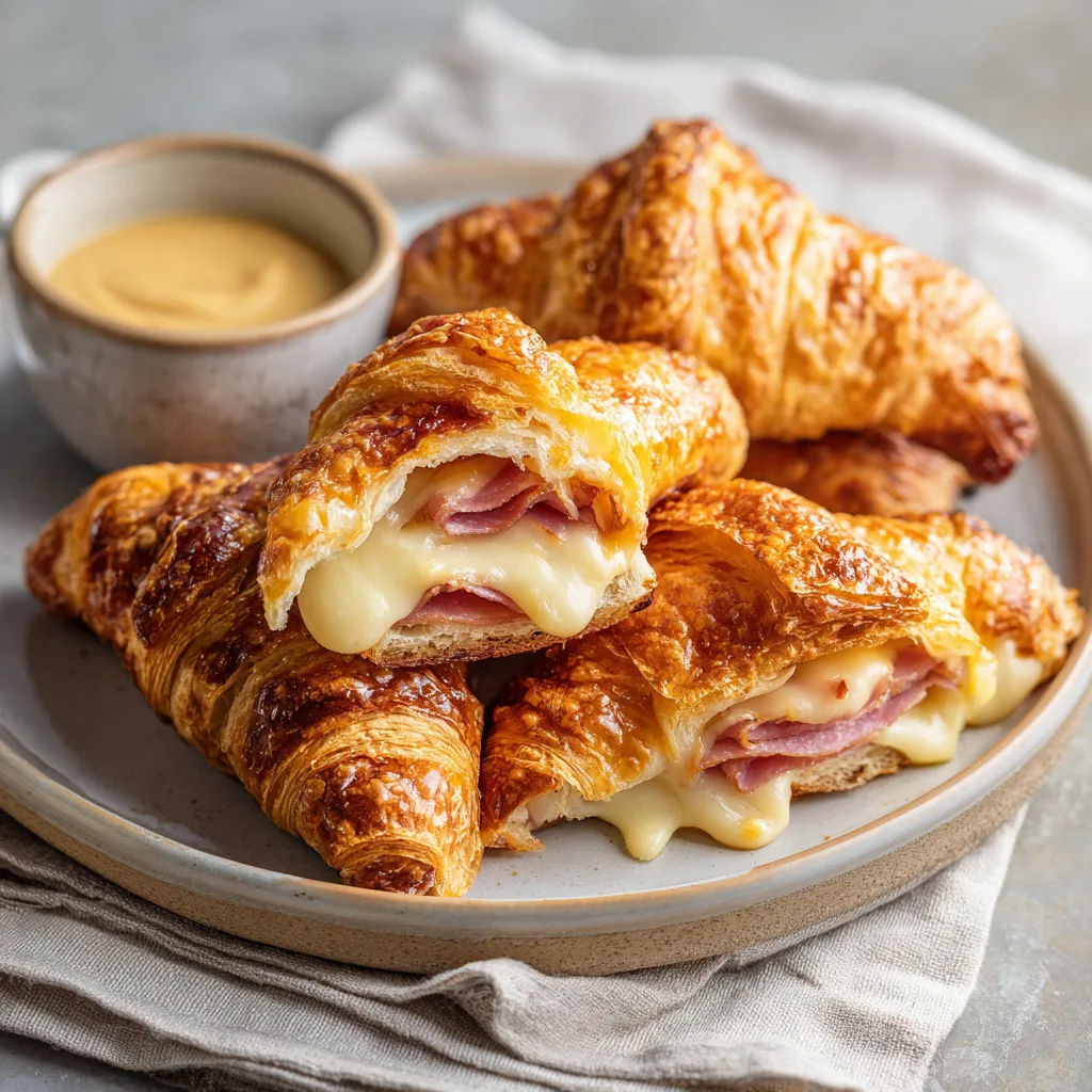 Baked Ham and Cheese Croissants: Irresistible Simple Brunch Food for Family 5 Serving Baked Ham and Cheese Croissants with melted cheese and ham layers.