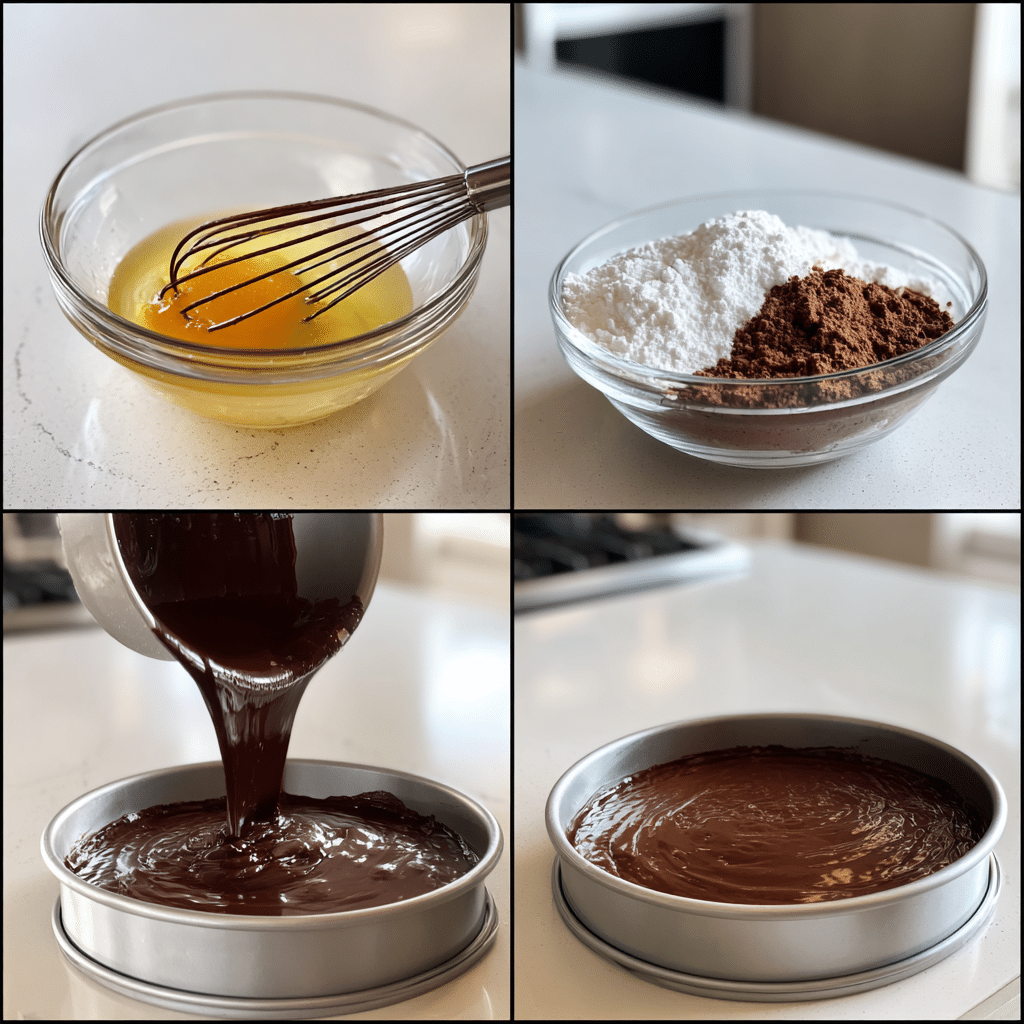 Decadent Chocolate Cake Dream: Irresistibly Rich and Moist 4 Step-by-step collage of decadent chocolate cake preparation