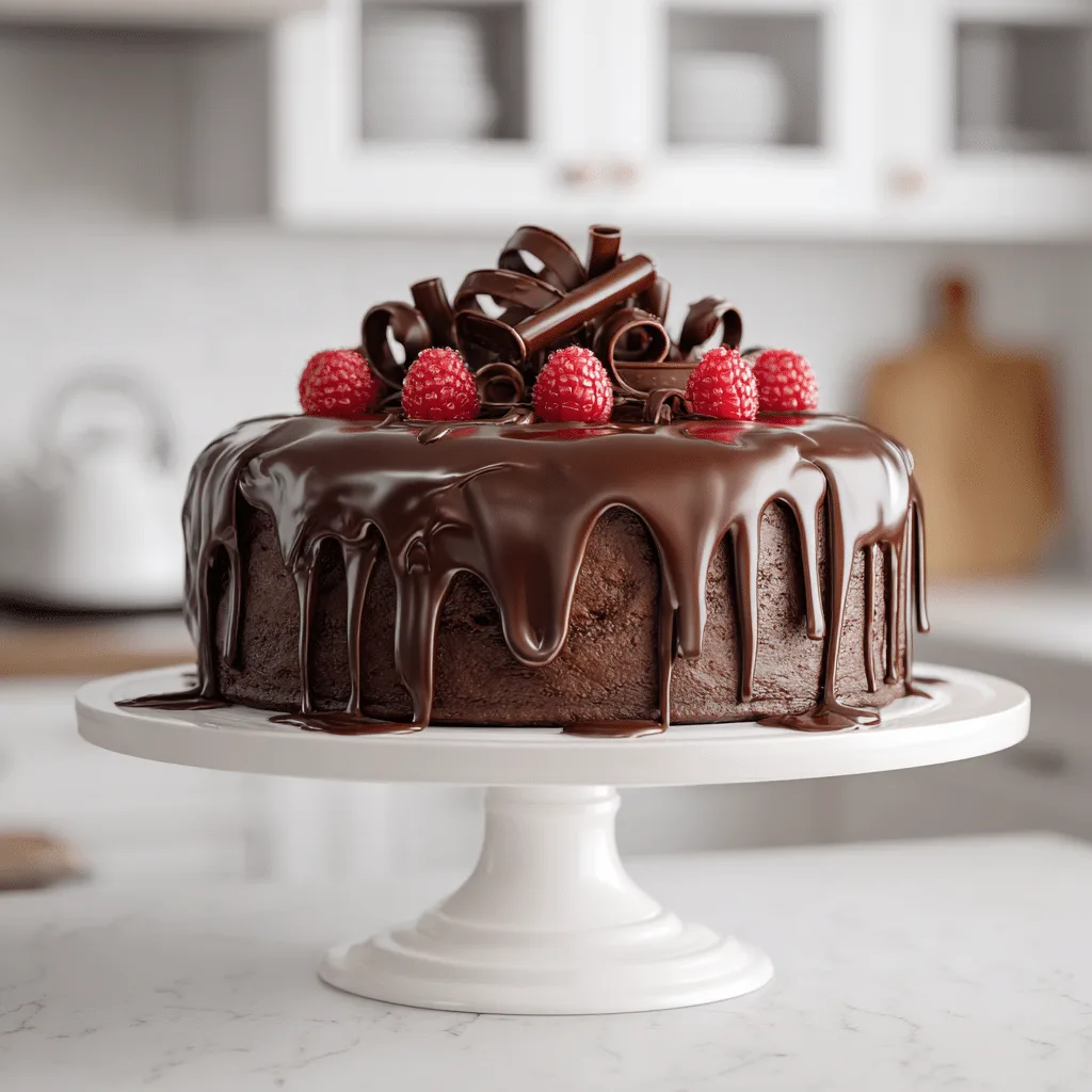 Decadent Chocolate Cake Dream: Irresistibly Rich and Moist 2 Decadent Chocolate Cake with ganache, curls, and raspberries