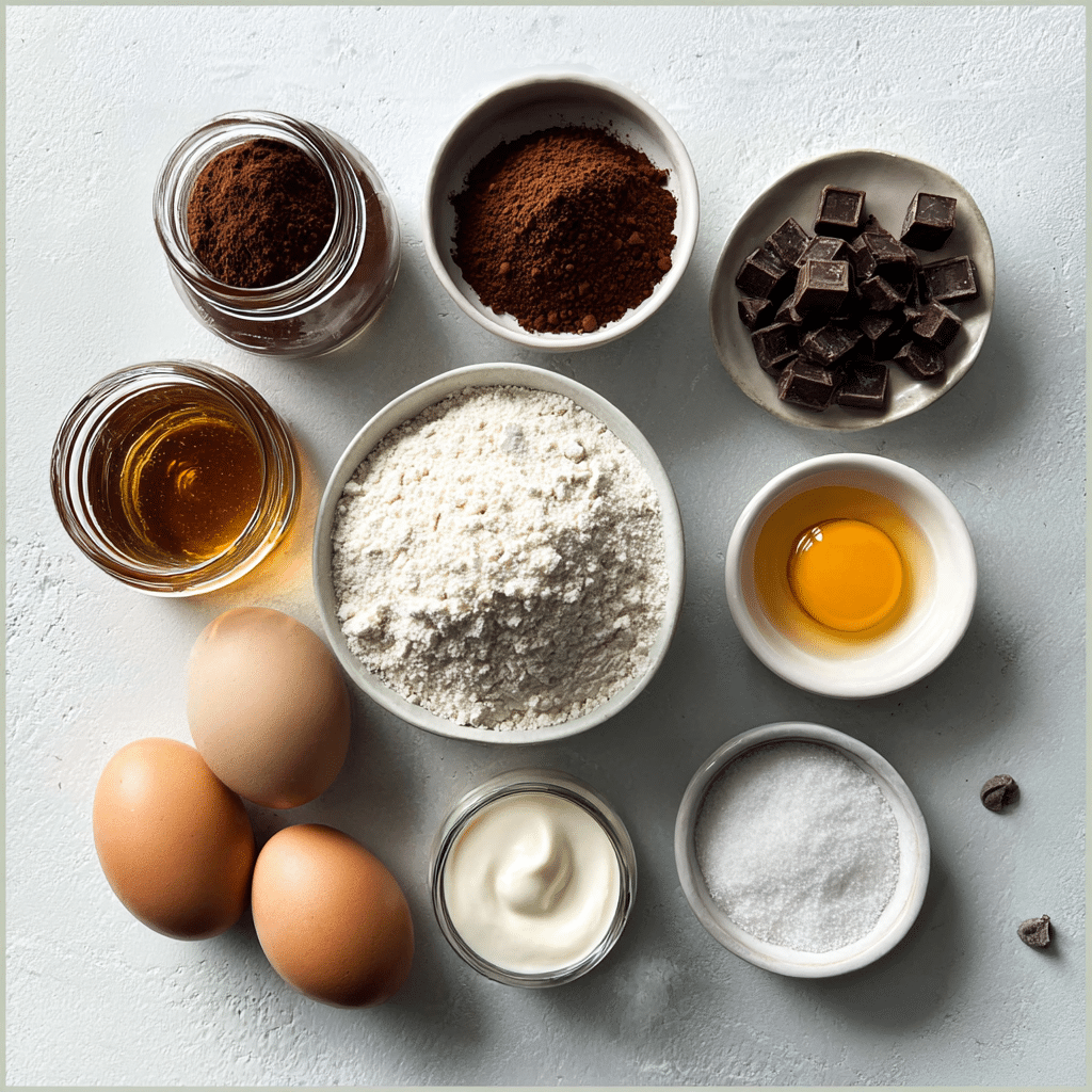 Decadent Chocolate Cake Dream: Irresistibly Rich and Moist 3 Chocolate cake ingredients arranged on marble countertop