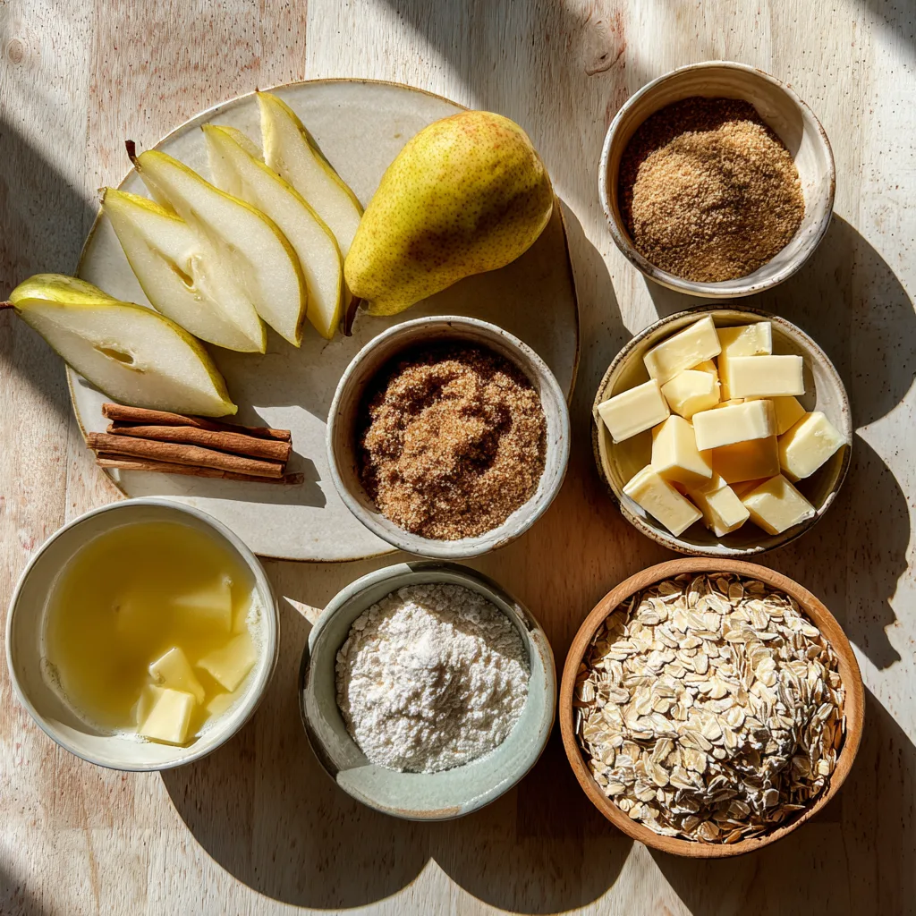 Spiced Pear Crisp ingredients on a wooden kitchen counter