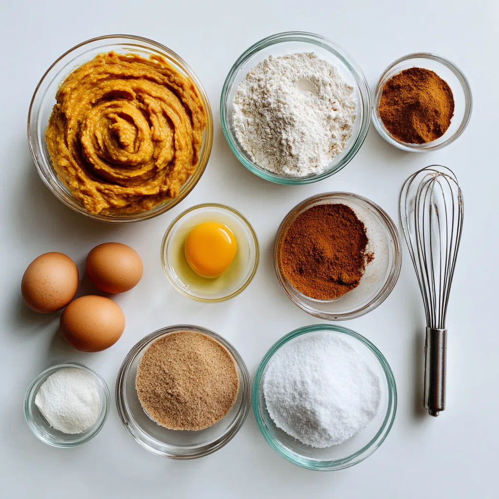 Ingredients for Cinnamon Swirl Pumpkin Loaf arranged on a white surface