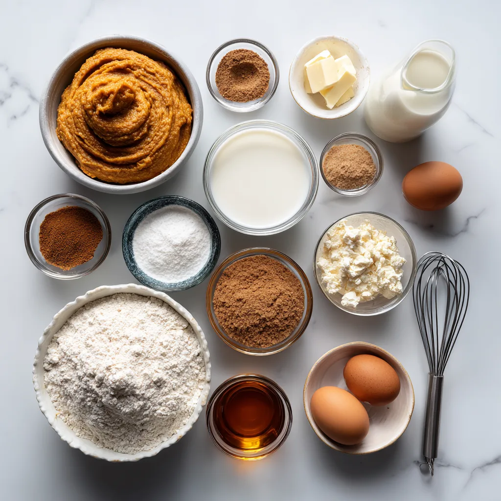 Ingredients for Pumpkin Cinnamon Roll Muffins neatly arranged on a marble counter