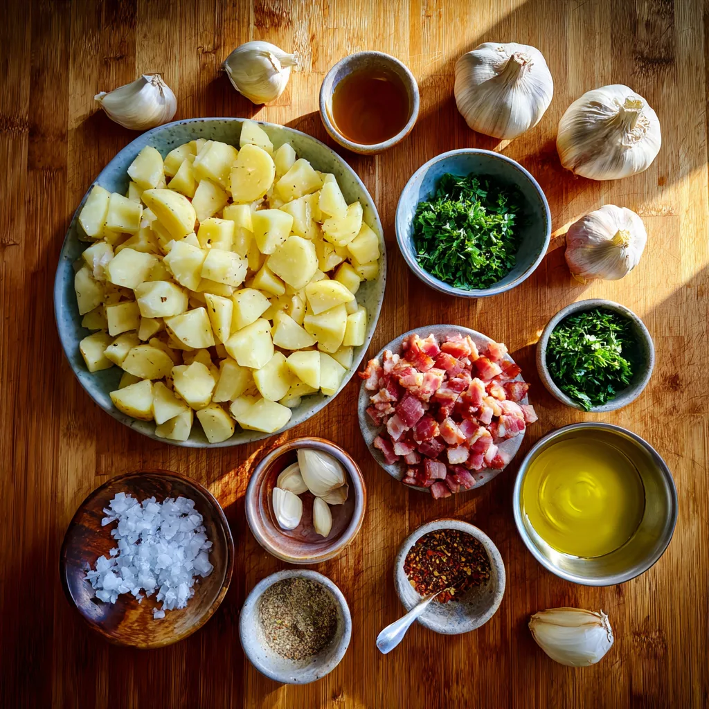 Ingredients for Bangin’ Breakfast Potatoes – potatoes, bacon, garlic, and herbs