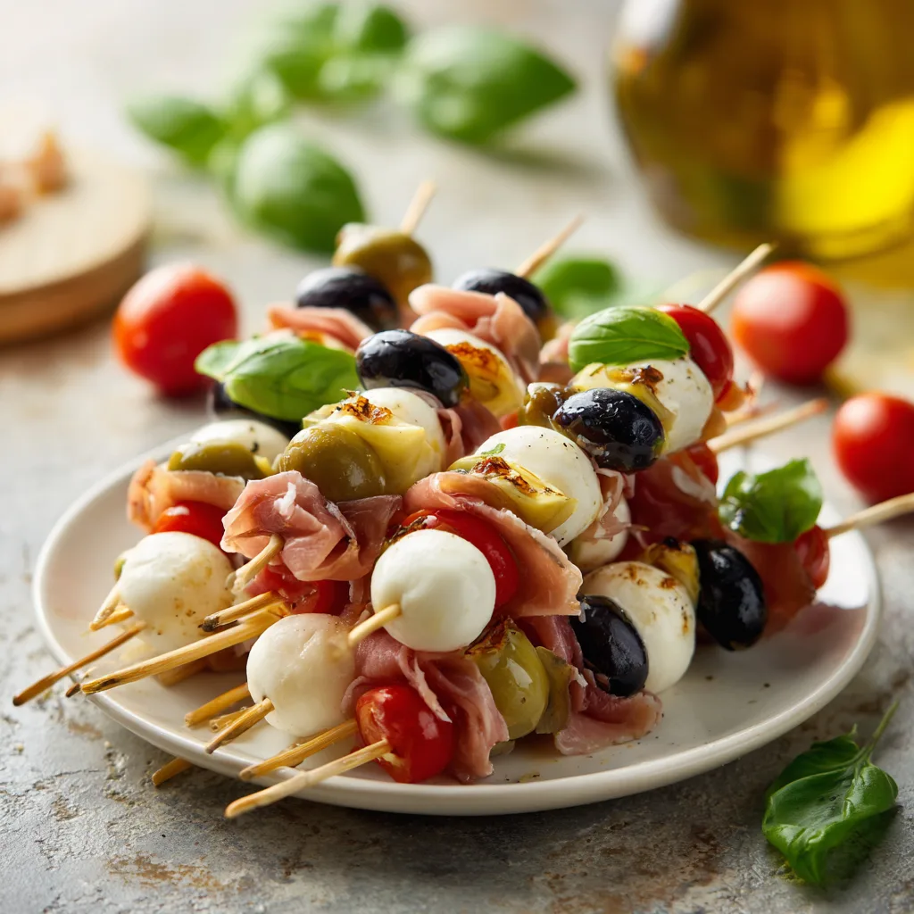 Italian Antipasto Skewers with Mozzarella & Olives, the Ultimate Christmas Appetizers for Your Party 4 Italian Antipasto Skewers with Mozzarella & Olives