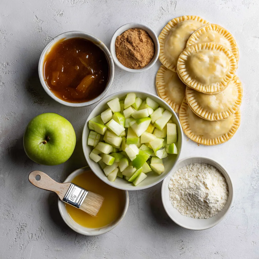 Ingredients for Caramel Apple Hand Pies including apples, brown sugar, caramel, and pie dough.