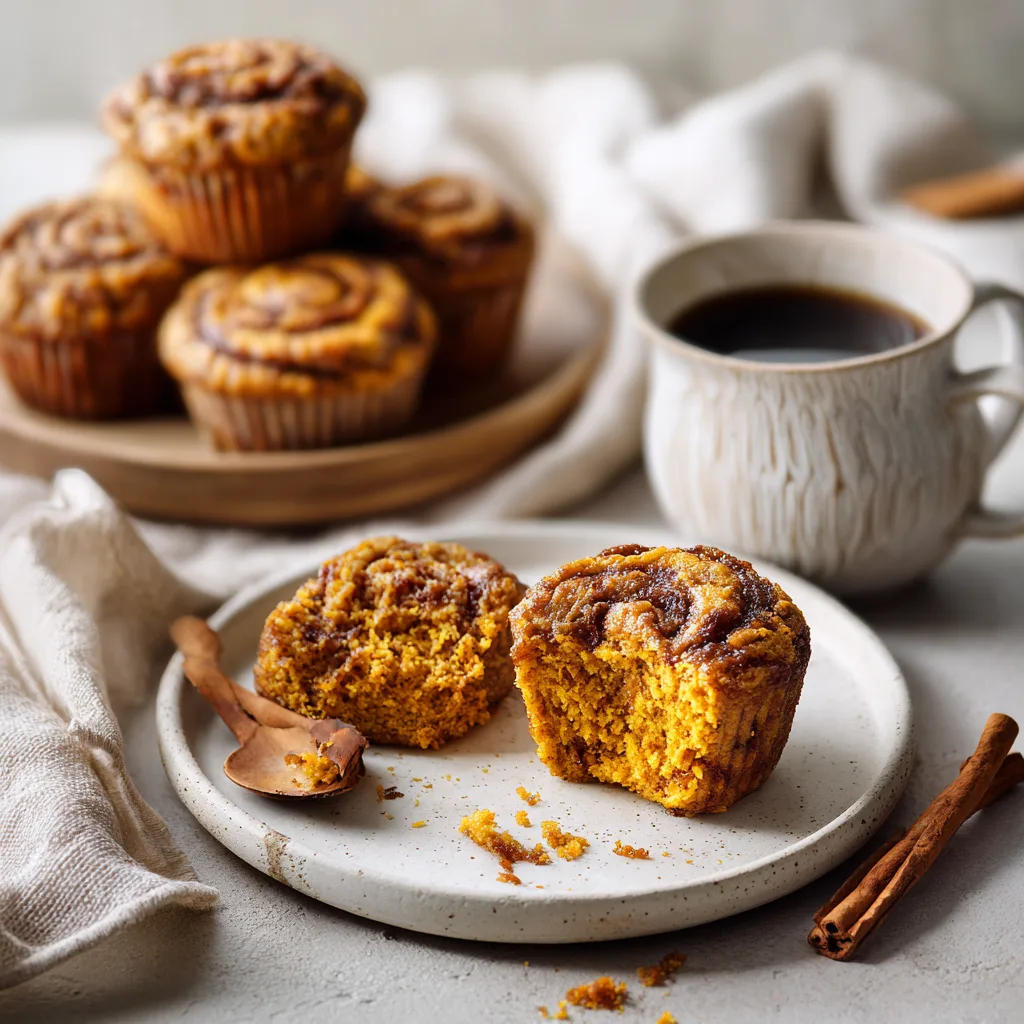 Pumpkin Cinnamon Roll Muffins served with coffee showing cinnamon swirl inside