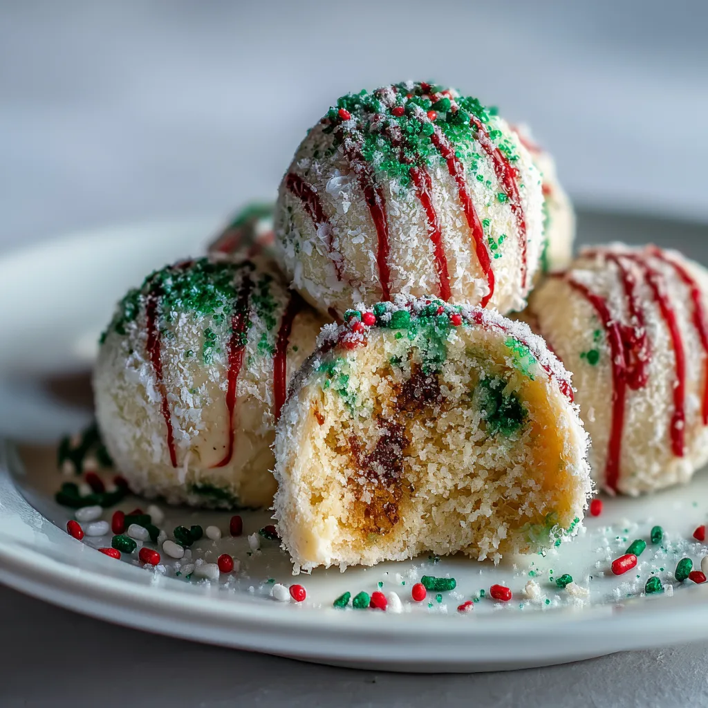Serving of Christmas Tree Cake truffles with one cut open to show the soft center.