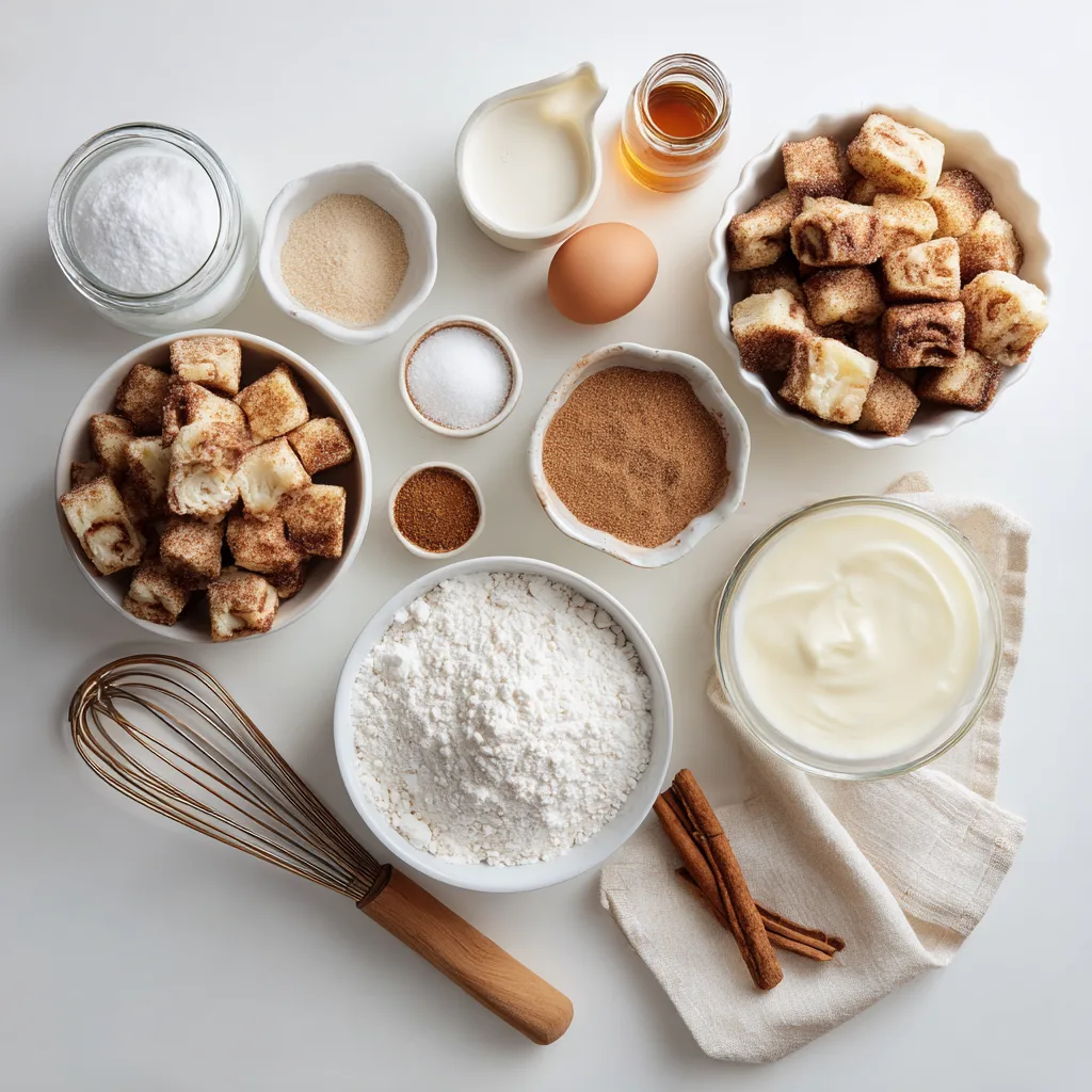 Ingredients for Cinnamon Roll Bread Pudding on white table