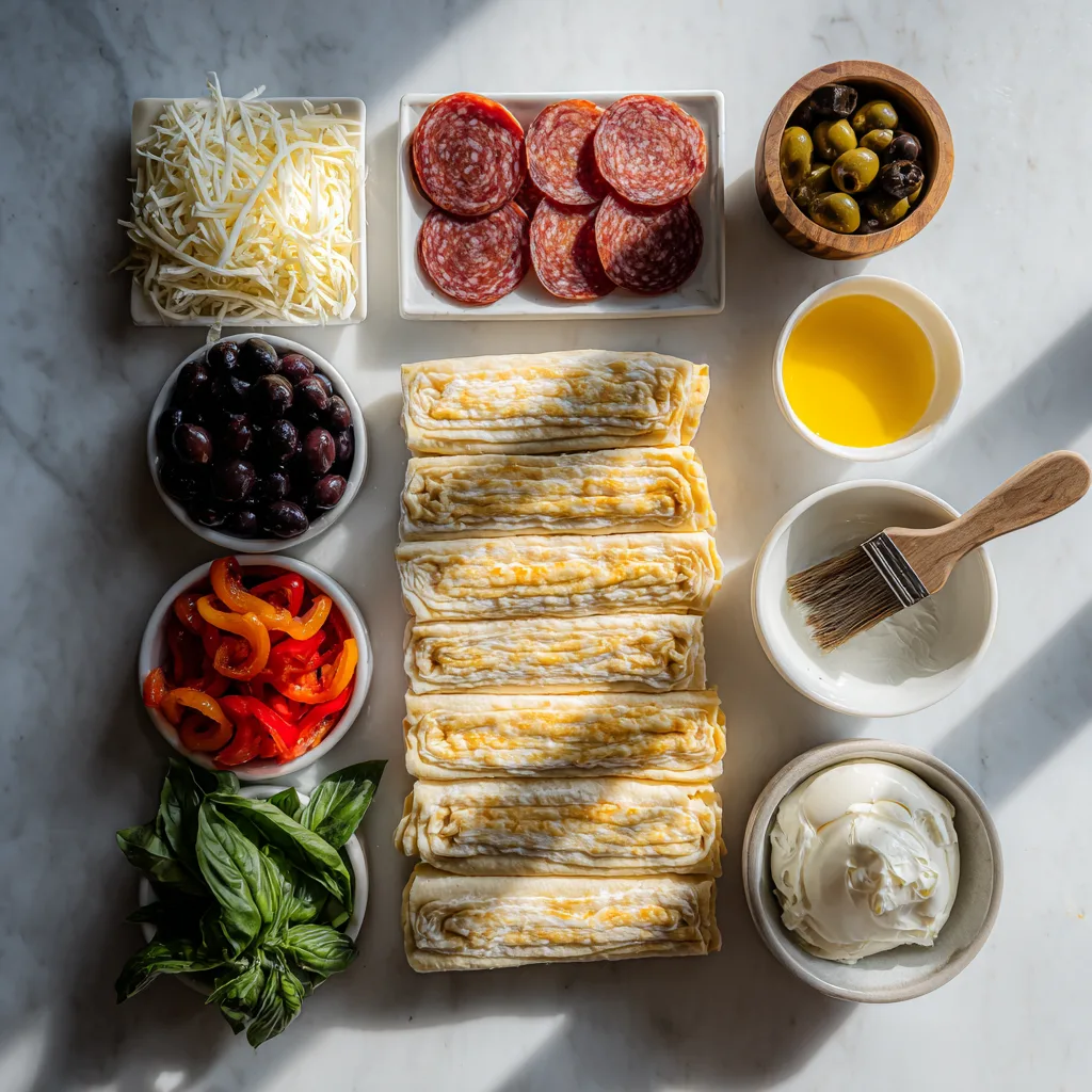 Ingredients for Antipasto Puff Pastry Pinwheels on marble countertop