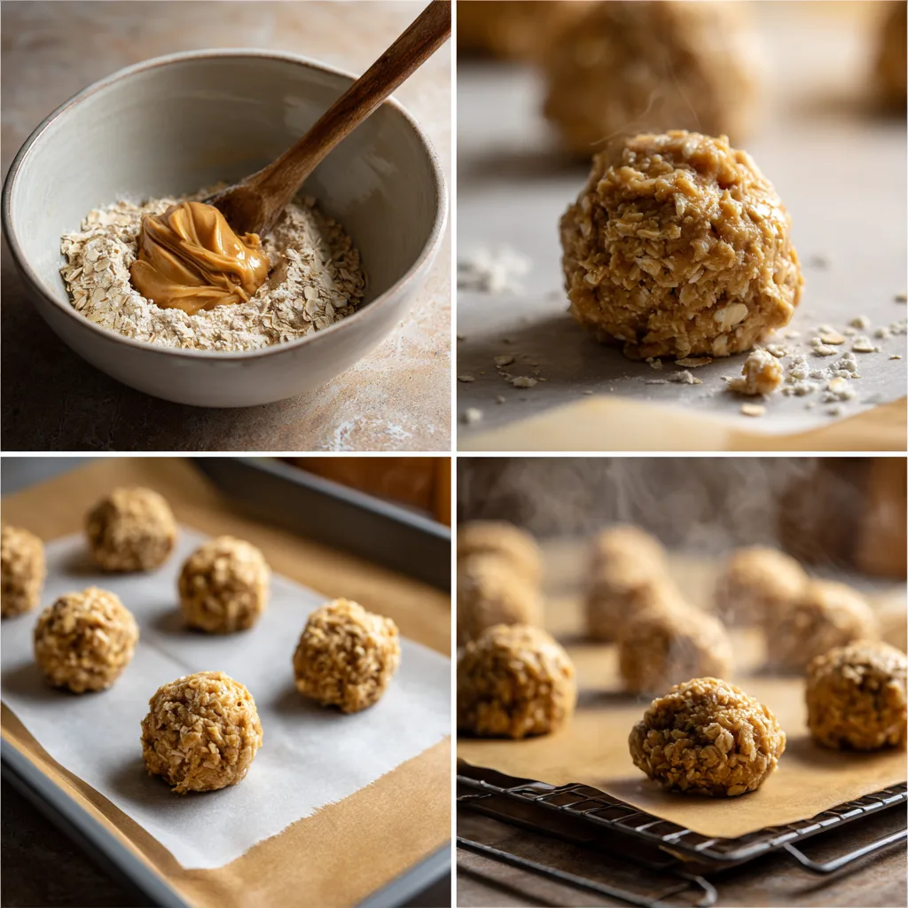 Peanut Butter Oat Cookies step-by-step baking process in four panels