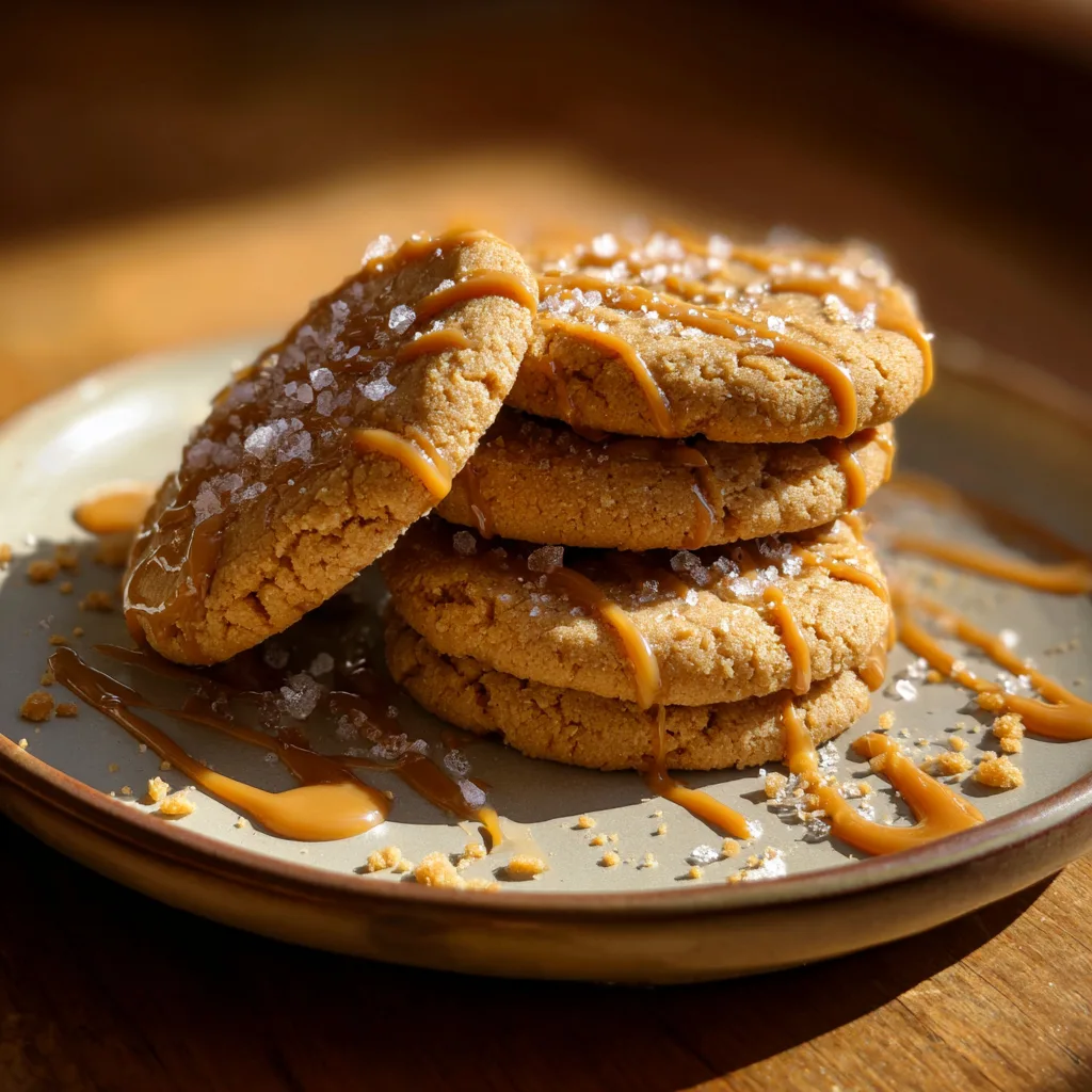 Served Salted PB Butter Cookies on plate with peanut butter drizzle.