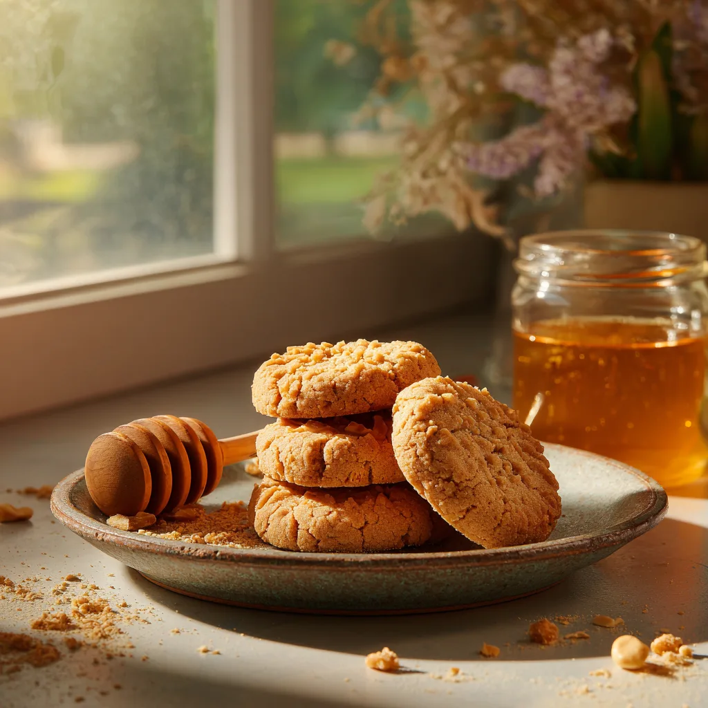 Peanut Butter Honey Cookies: Irresistible Peanut Butter Cookies with a Twist 5 Peanut Butter Honey Cookies Served on Plate with Honey