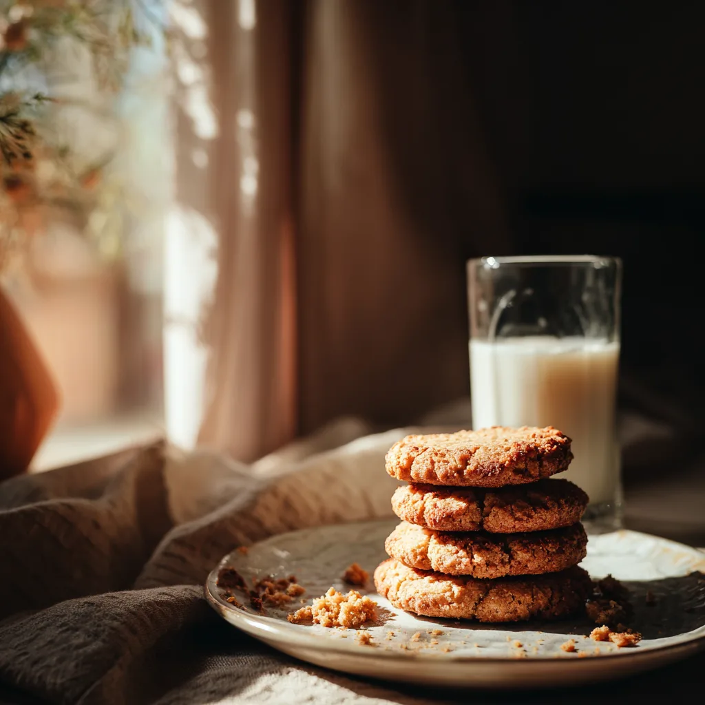 Serving plate of 4-Ingredient PB Cookies (Flourless) with milk