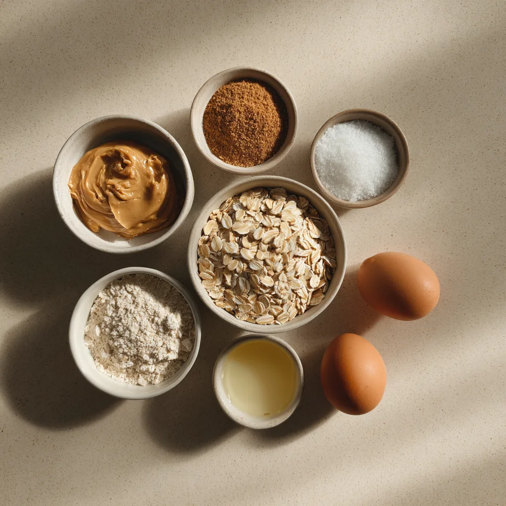 Peanut Butter Oat Cookies ingredients laid out on a kitchen counter
