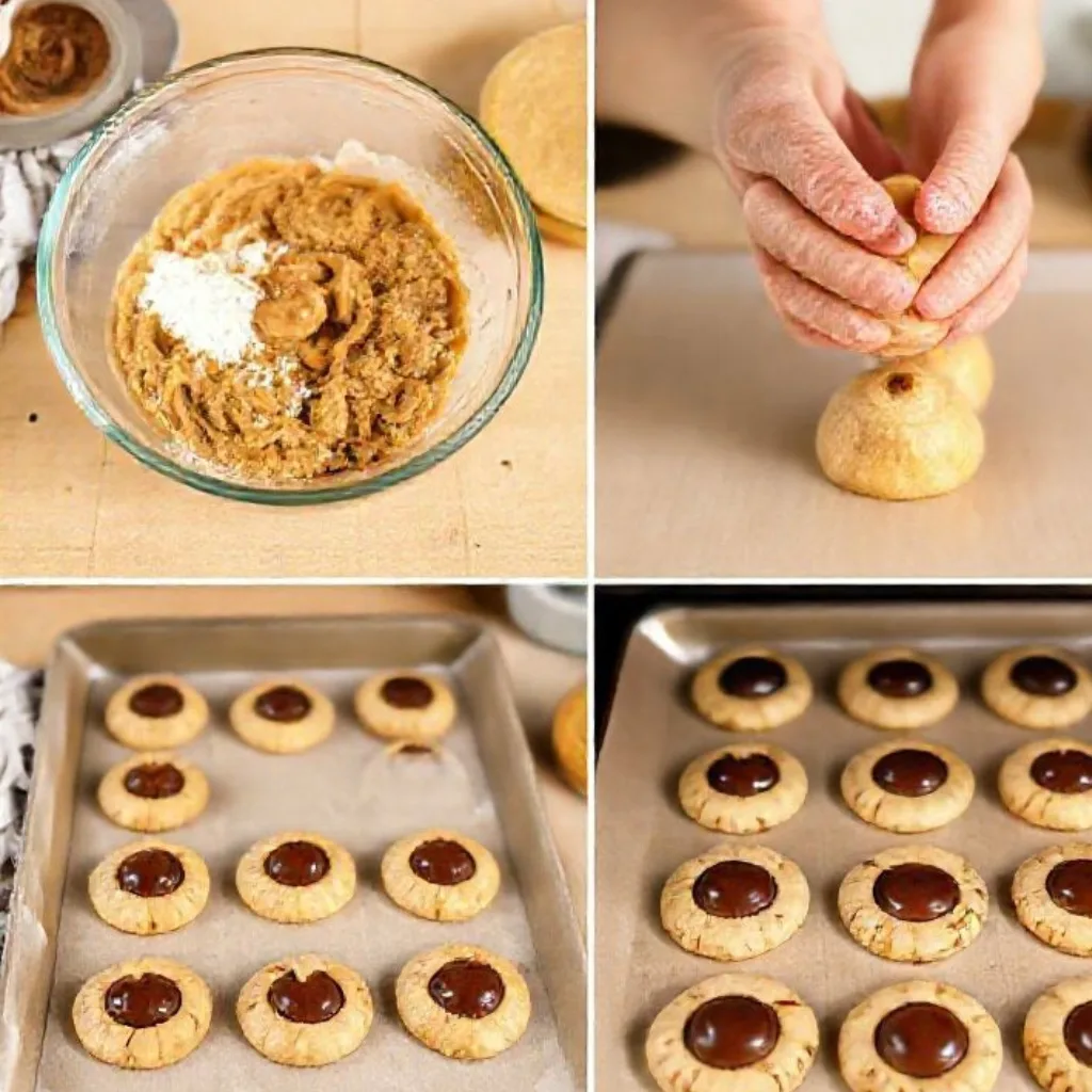 Step-by-step 4-panel process for making Peanut Butter Thumbprint Cookies.