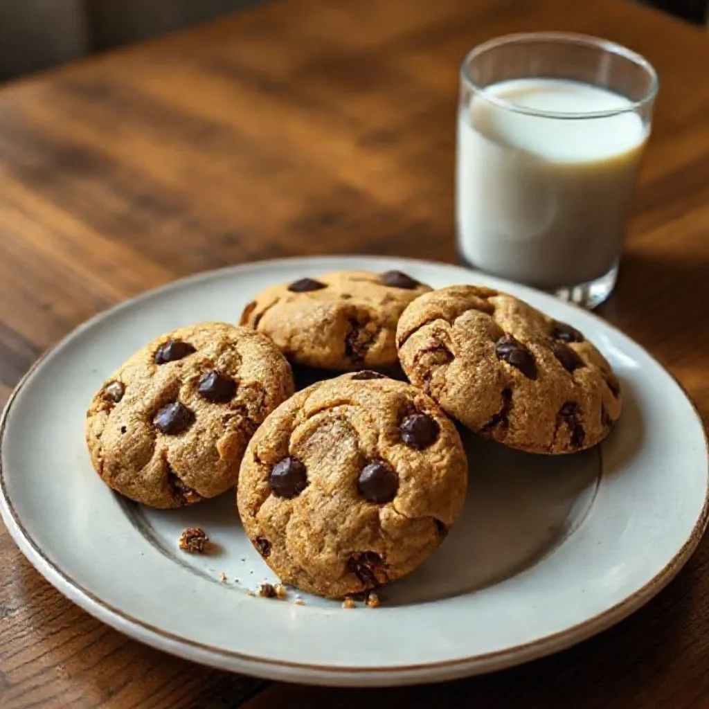 Peanut Butter Chocolate Chip Cookies served with milk.