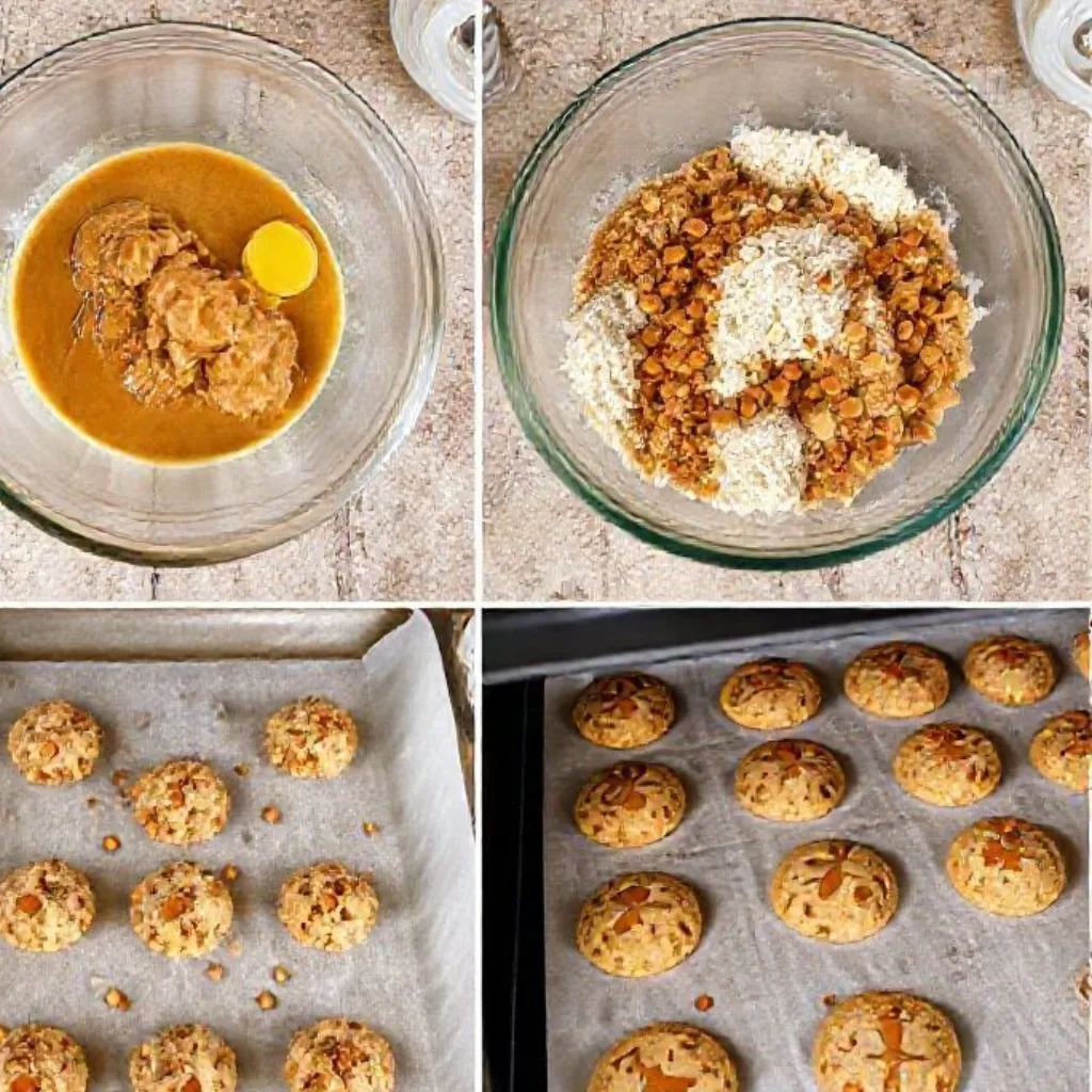 Peanut Butter Toffee Cookies step-by-step baking process 4 panel