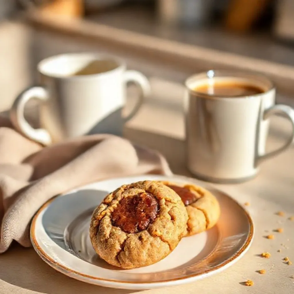 Serving plate of Peanut Butter Thumbprint Cookies with warm drink.