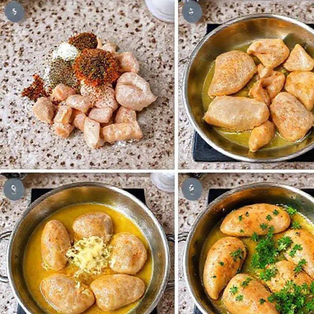 Step-by-step 4-panel process for cooking 20-Minute Garlic Butter Chicken Skillet (easy food recipes)