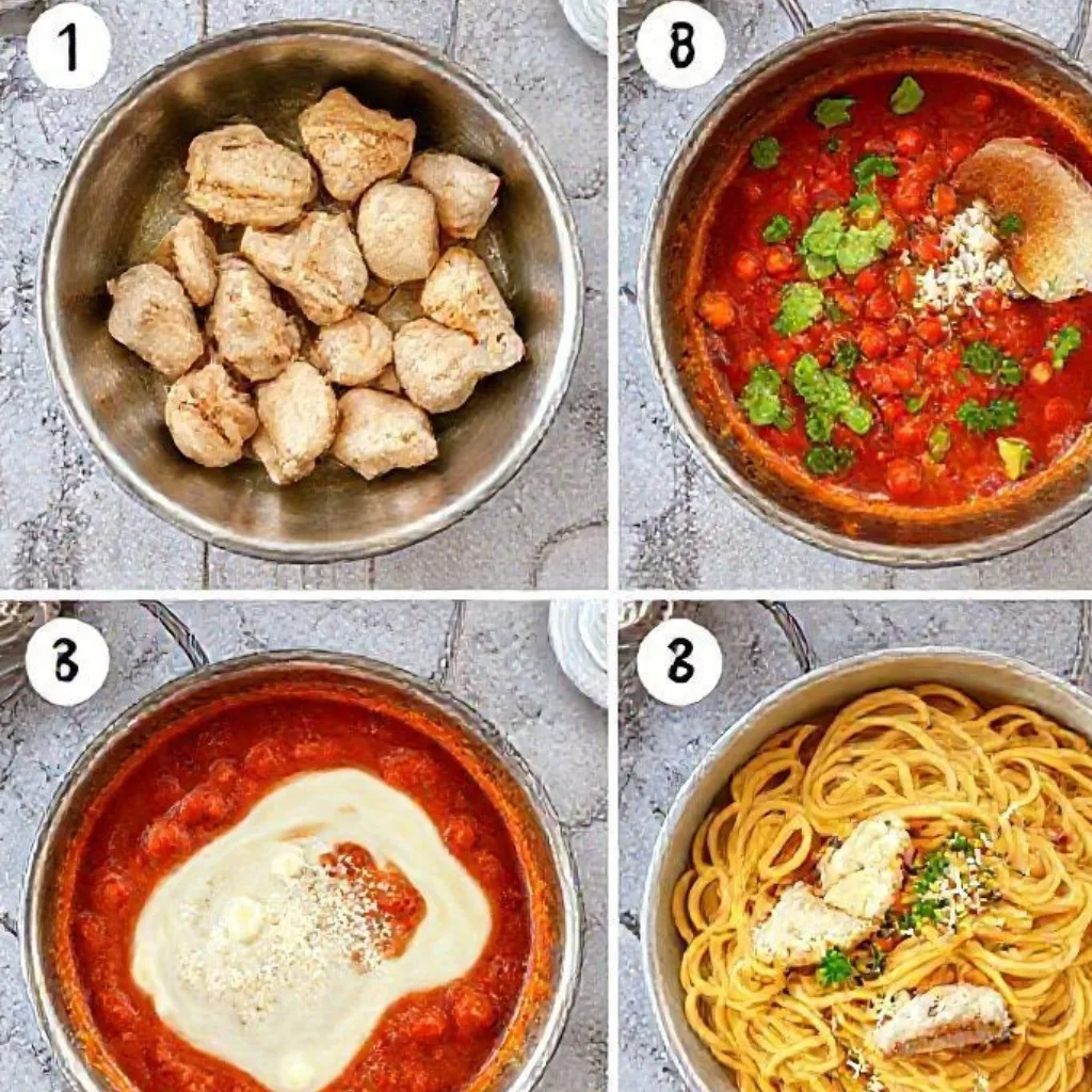 Creamy Tomato Basil Chicken Pasta: Quick Dinner Ideas for Busy Weeknights 3 Step-by-step cooking process for Creamy Tomato Basil Chicken Pasta in a 4-panel collage.