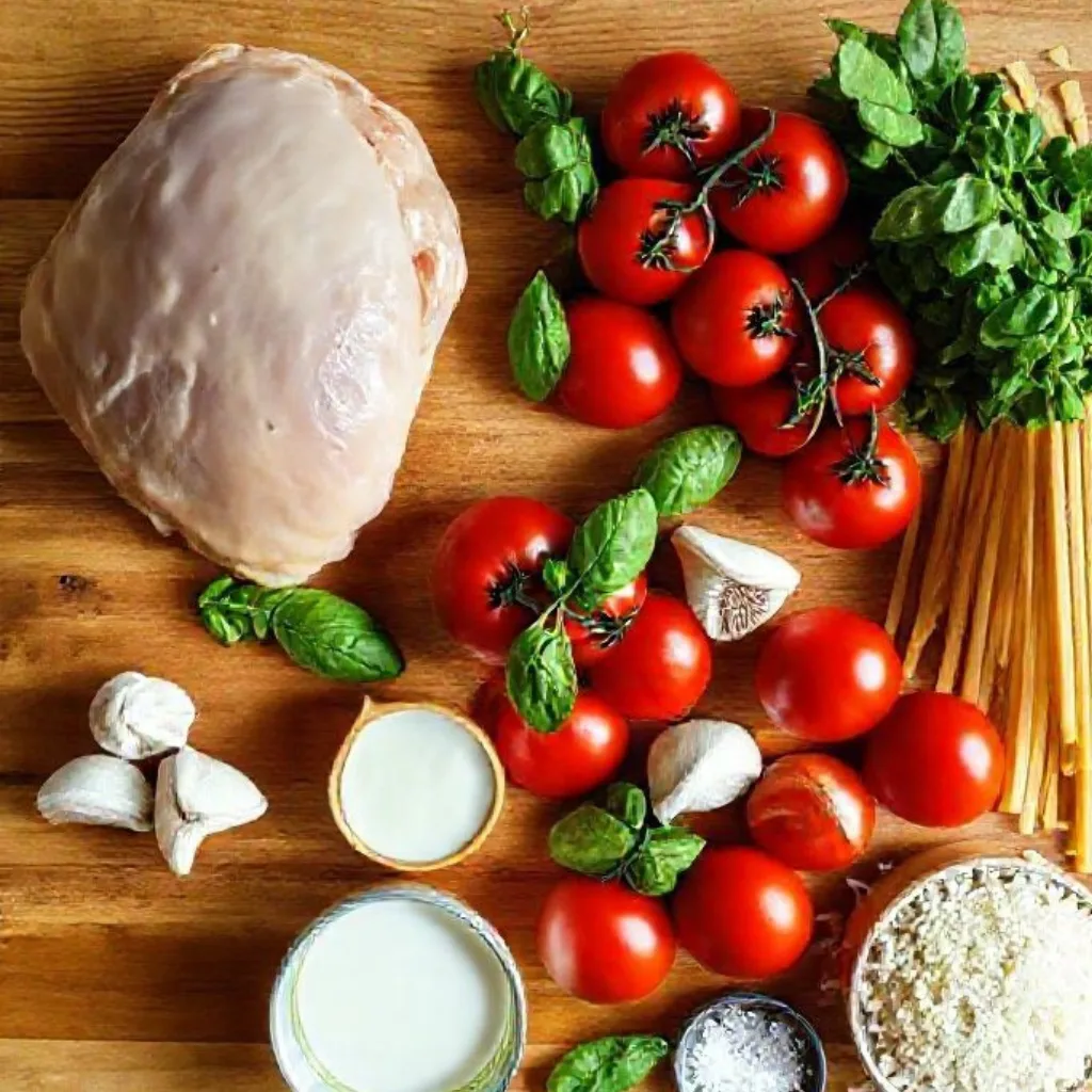 Creamy Tomato Basil Chicken Pasta: Quick Dinner Ideas for Busy Weeknights 2 Creamy Tomato Basil Chicken Pasta ingredients laid out on a wooden surface.