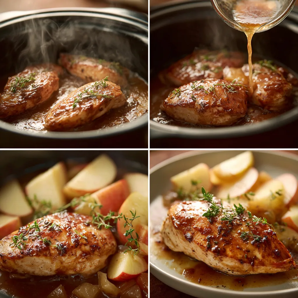 Step-by-step Apple Cider Glazed Chicken cooking process in 4 panels.