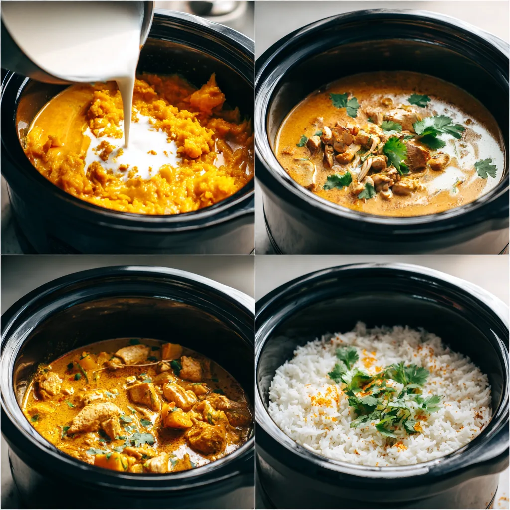 Step-by-step process of making Pumpkin Curry Chicken Crockpot in a crockpot.