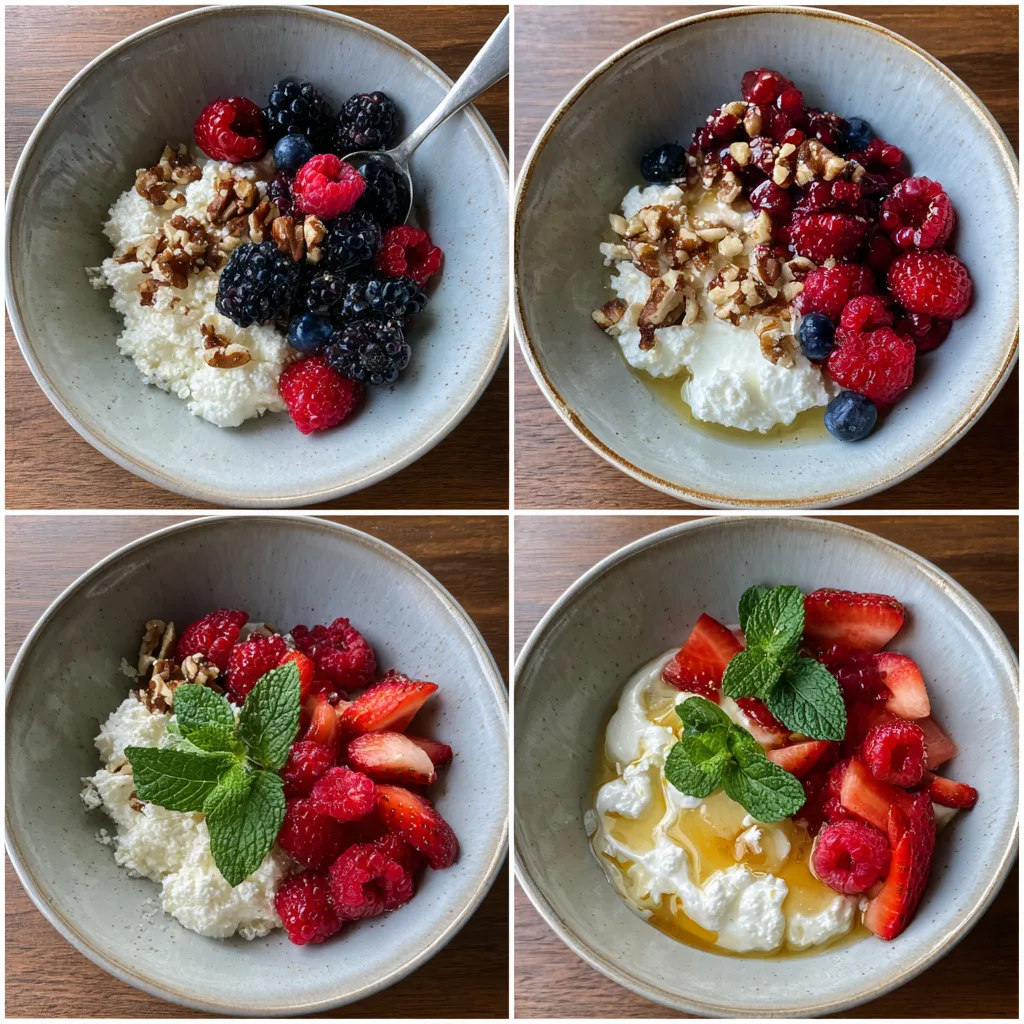 Step-by-step how to make a Cottage Cheese Breakfast Bowl with berries and nuts.