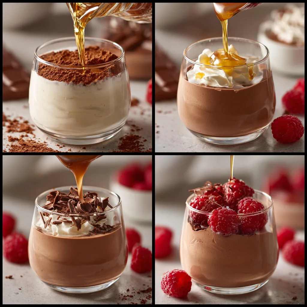 Step-by-step making Chocolate Cottage Cheese Mousse with blender and serving glass.
