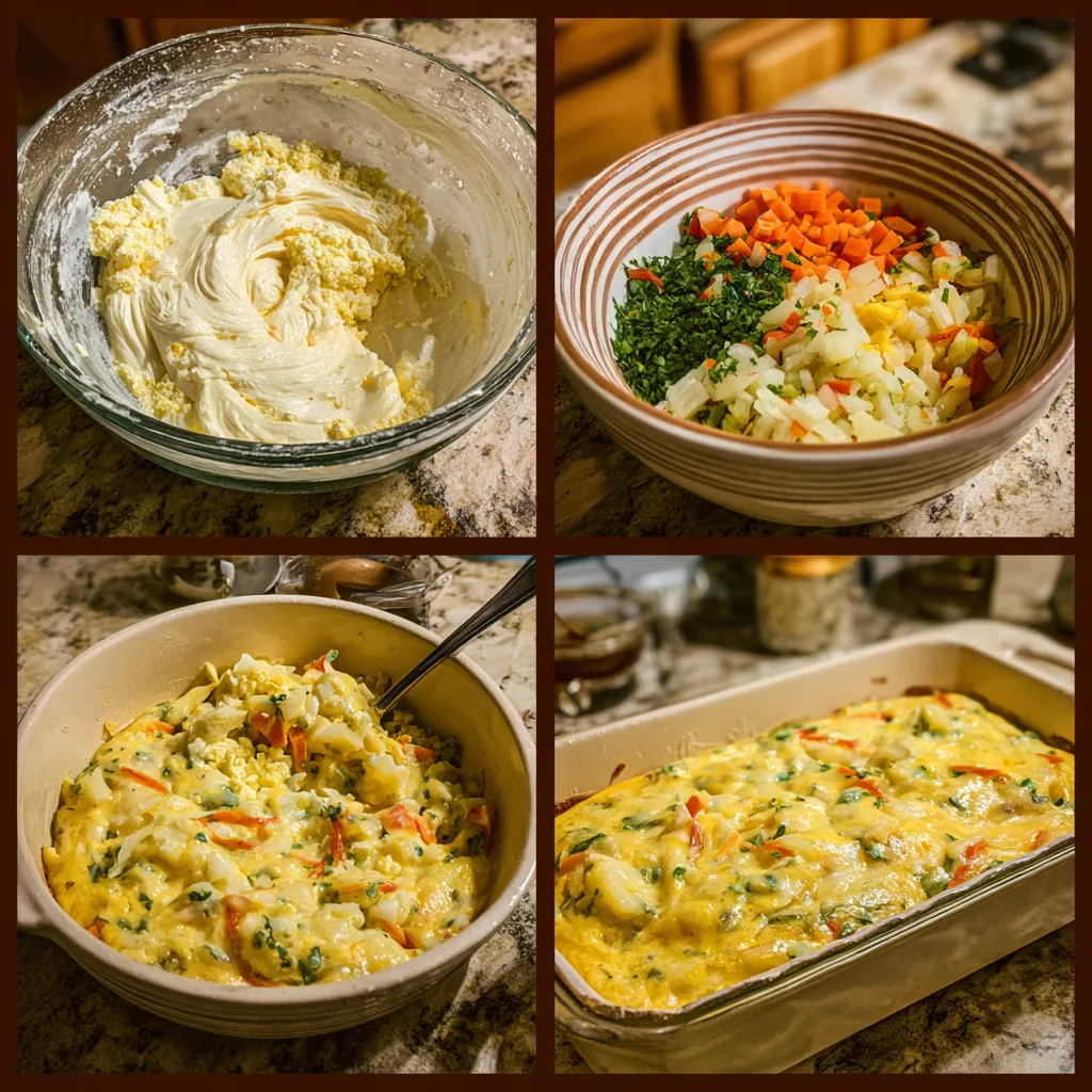 Fresh ingredients for Cottage Cheese Veggie Casserole on a wooden surface