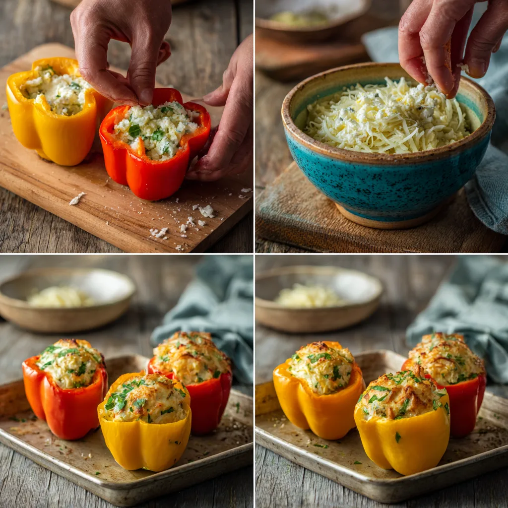 Hyper realistic step-by-step collage of cottage cheese stuffed peppers from prep to baking.