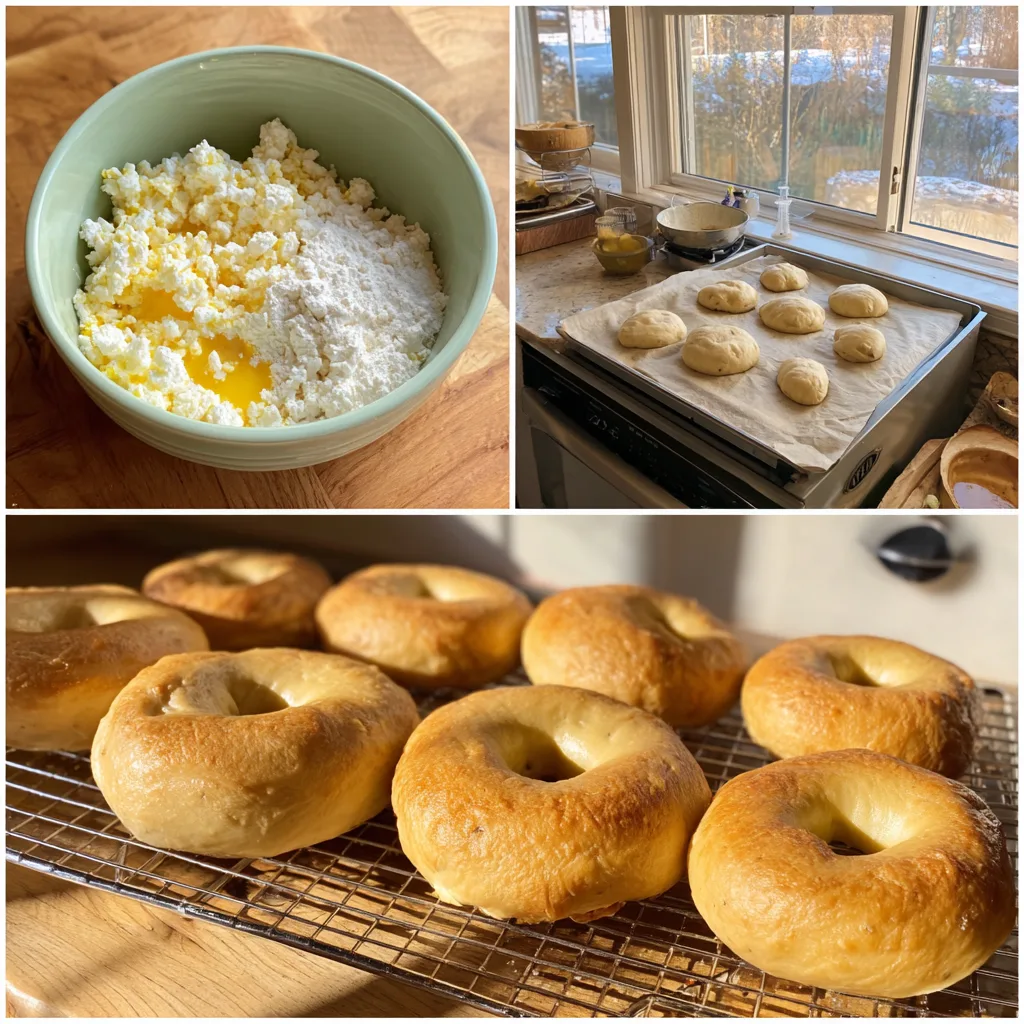 Step-by-step process of making cottage cheese protein bagels from mixing to baking.