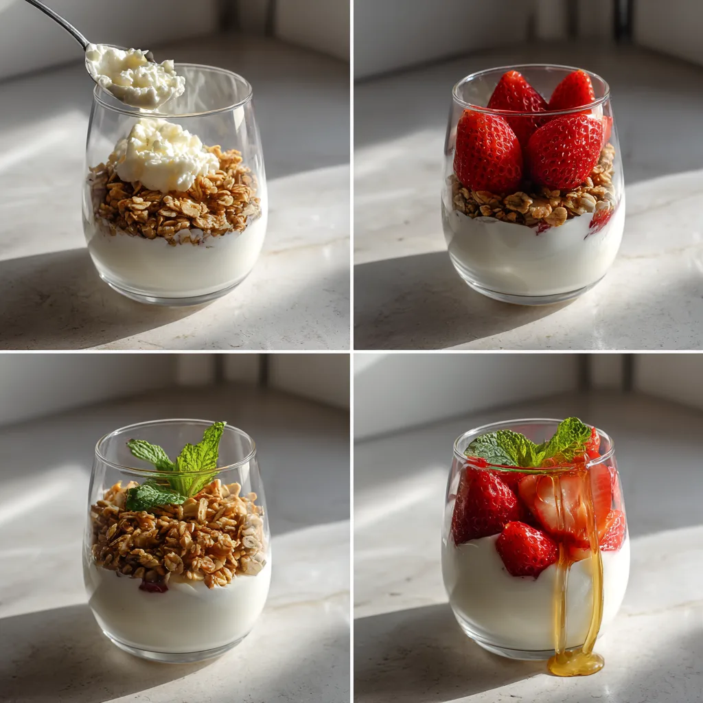 four-step process making a strawberry cottage cheese parfait in a kitchen (Strawberry Cottage Cheese Parfait)