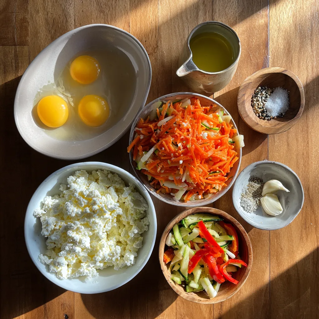 Fresh ingredients for Cottage Cheese Veggie Casserole on a wooden surface