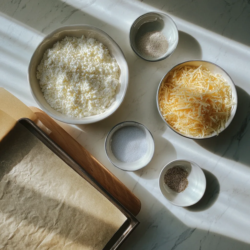 Ingredients for making crunchy cottage cheese chips – cottage cheese, cheese, and seasonings.