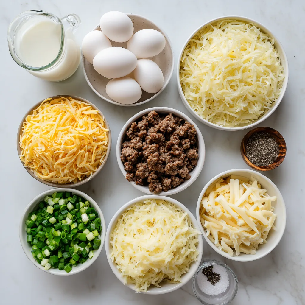 Ingredients for Overnight Hashbrown Breakfast Bake on marble countertop