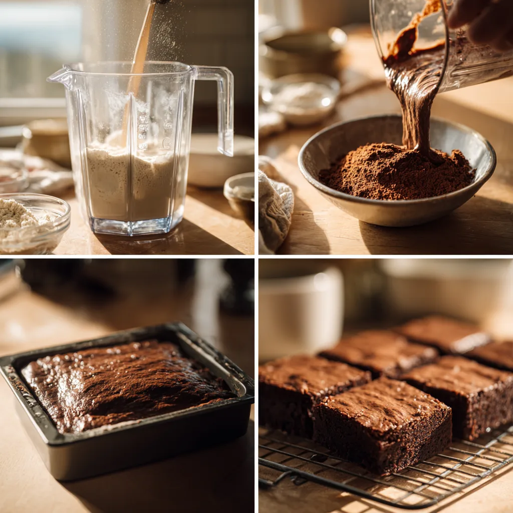 Step-by-step collage showing how to make cottage cheese protein brownies.