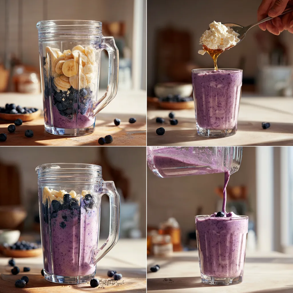 Blueberry Cottage Cheese Smoothie: A Refreshing Twist on Classic Cottage Cheese Recipes 3 Step-by-step 4-panel showing how to make a blueberry cottage cheese smoothie