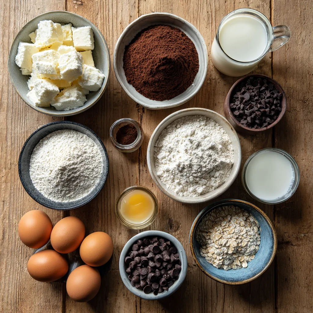 Ingredients for cottage cheese protein brownies displayed on a wooden kitchen table.