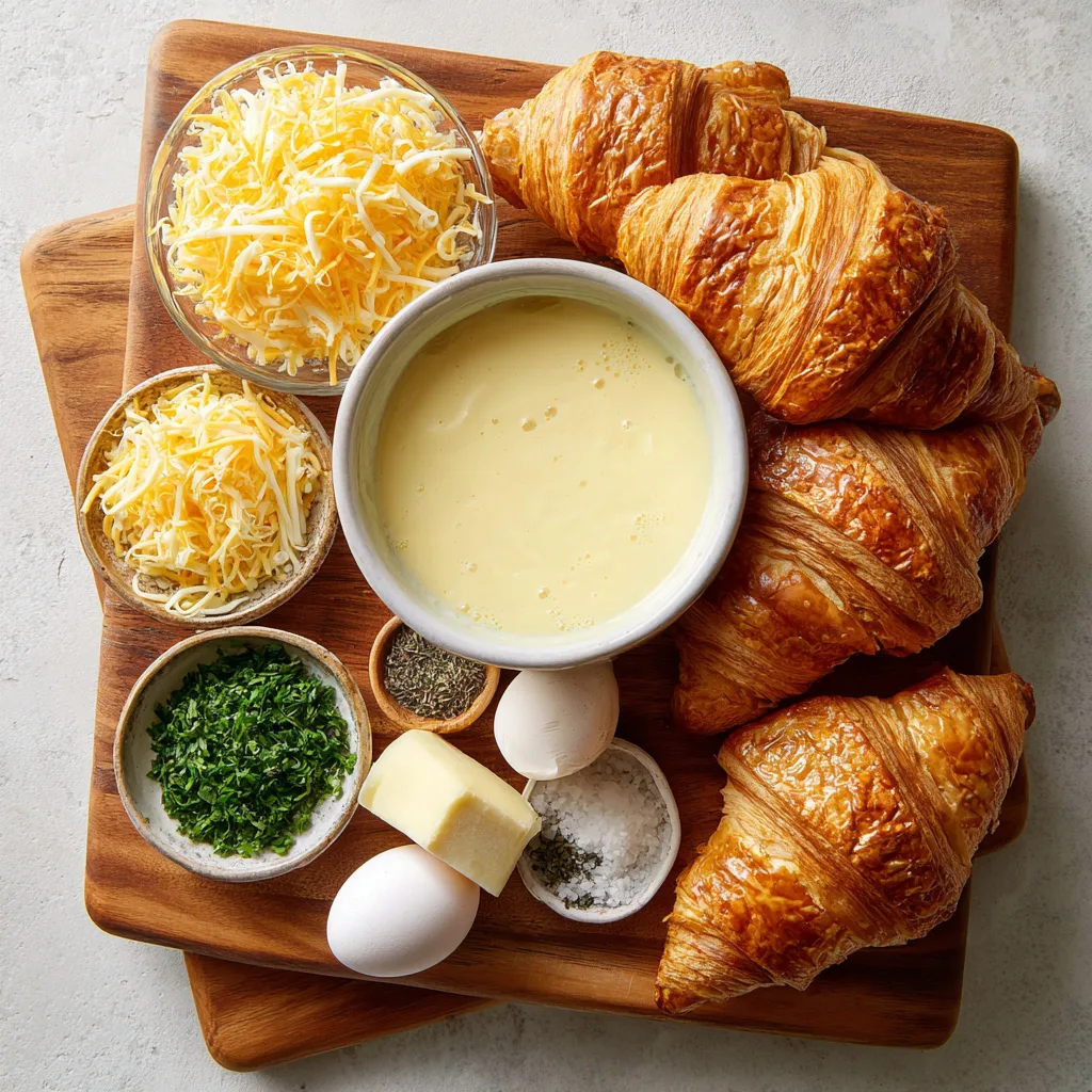 Ingredients for Overnight Croissant Breakfast Bake arranged on a board