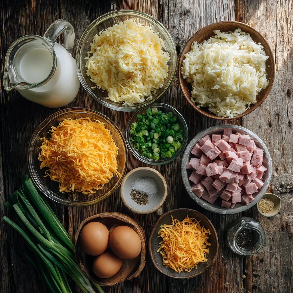 Ingredients for Cheesy Hashbrown and Ham Breakfast Bake laid out on a wooden surface