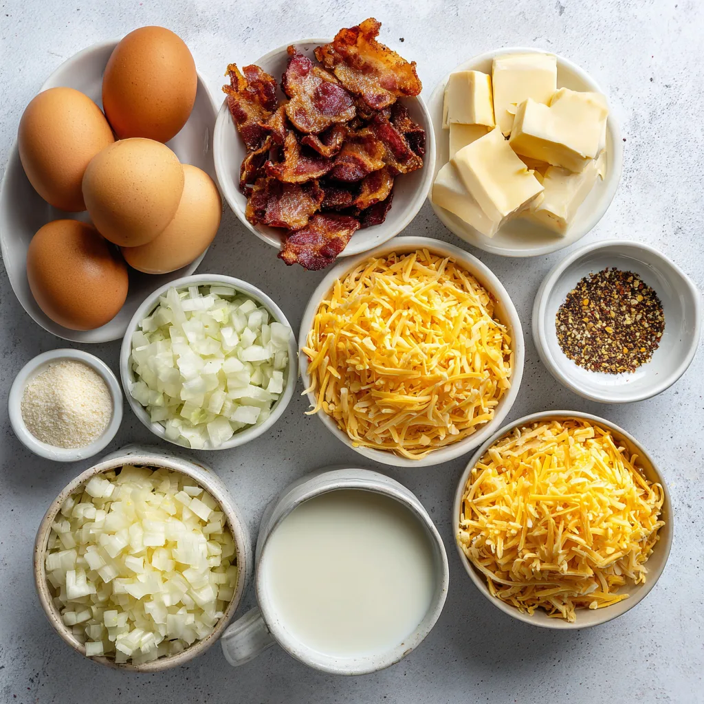 Easy Bacon, Egg & Cheese Casserole: The Ultimate Breakfast Casserole for Any Crowd 2 Ingredients for Easy Bacon, Egg & Cheese Casserole – eggs, cheese, bacon, milk, onions.