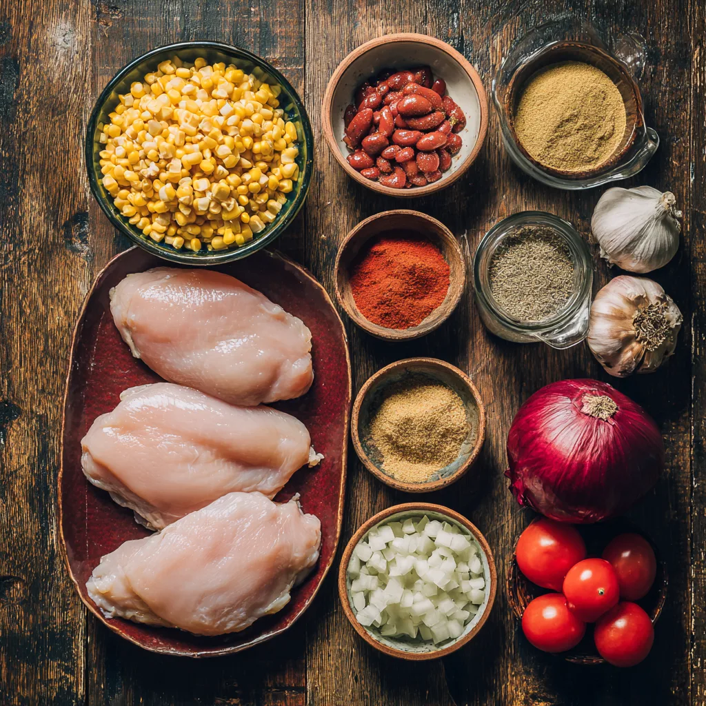 Ingredients for Slow Cooker Chicken Chili — easy crockpot chicken breast recipe prep.