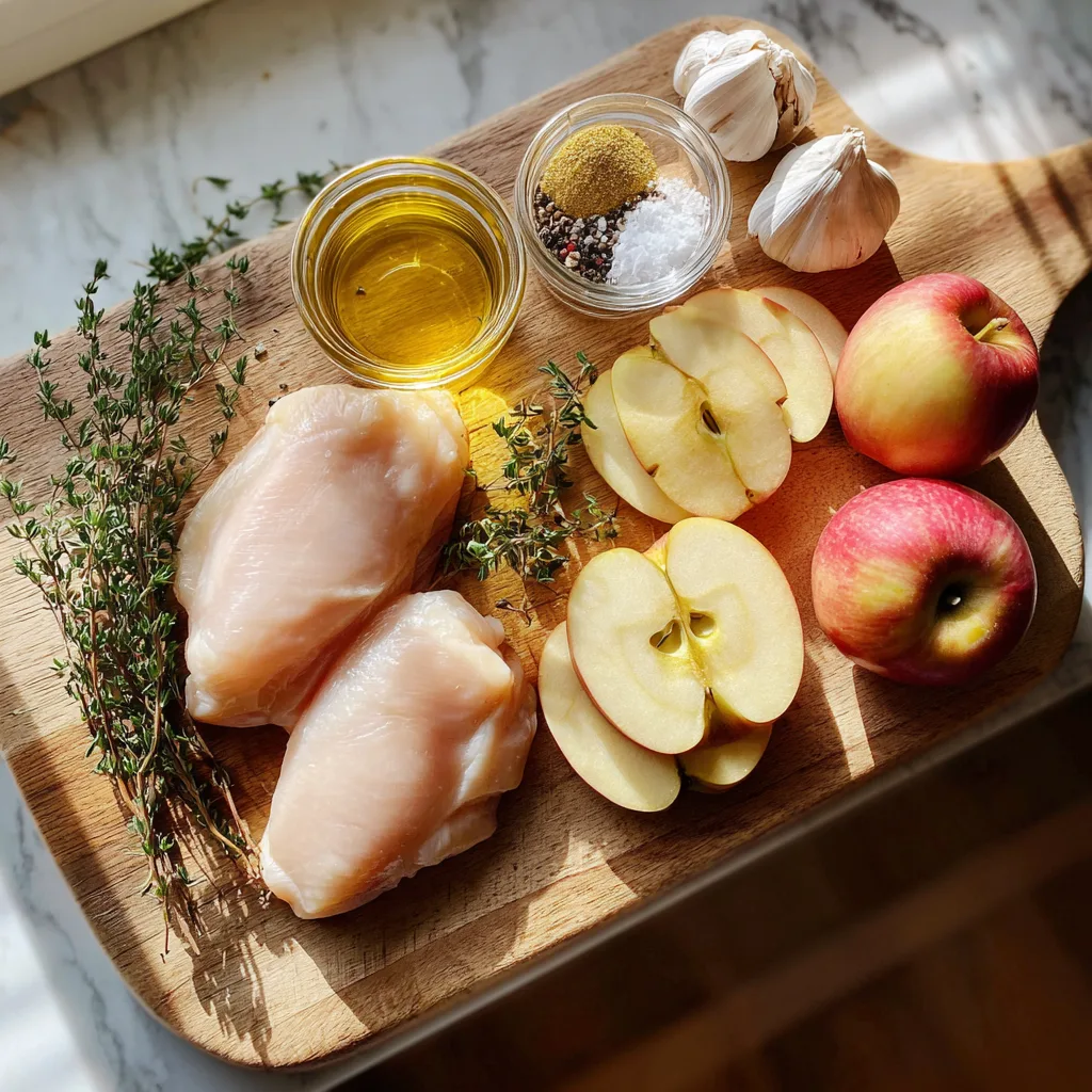 Ingredients for Apple Cider Glazed Chicken neatly arranged on a wooden board.