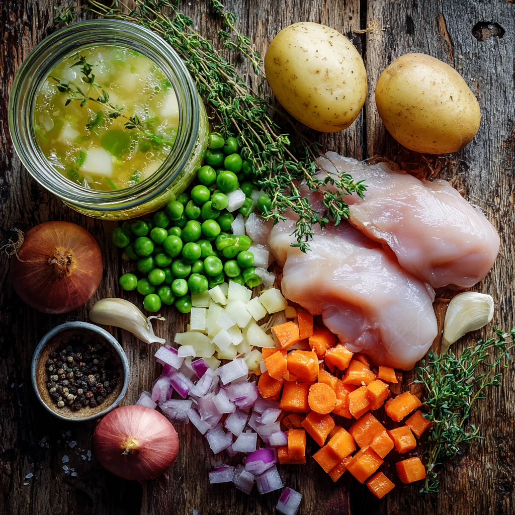 Hearty Chicken Vegetable Stew in rustic bowl with vegetables and herbs