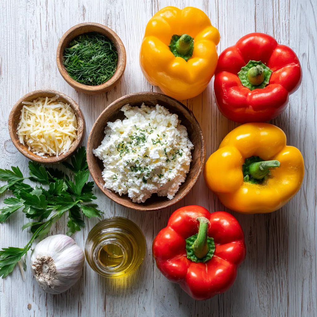 Hyper realistic flat lay of ingredients for cottage cheese stuffed peppers — peppers, cheese, herbs, and oil.