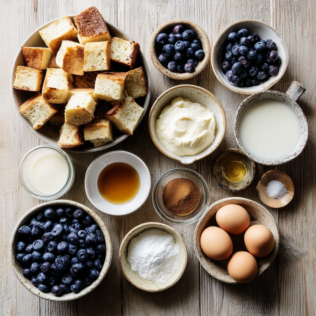 Ingredients for Blueberry French Toast Casserole including brioche, eggs, milk, and blueberries