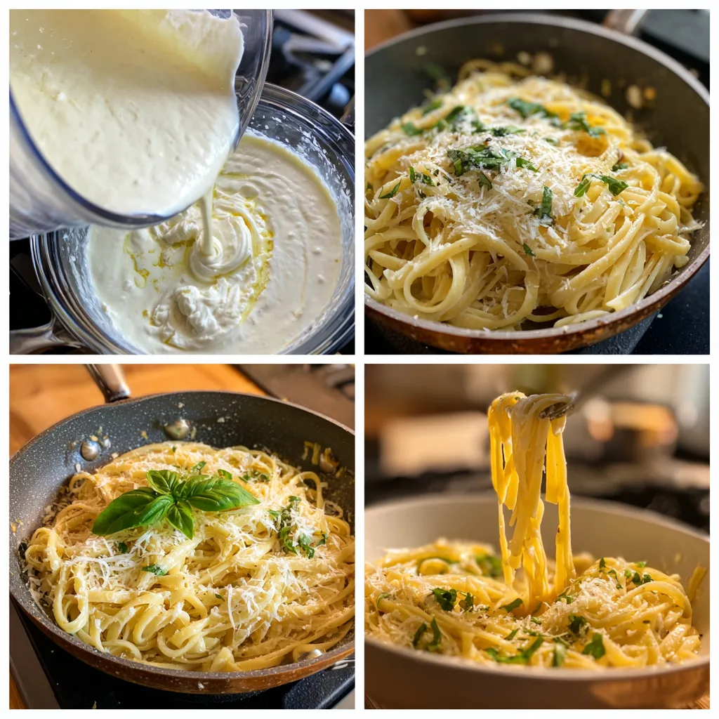 Step-by-step making creamy cottage cheese pasta sauce in four images.